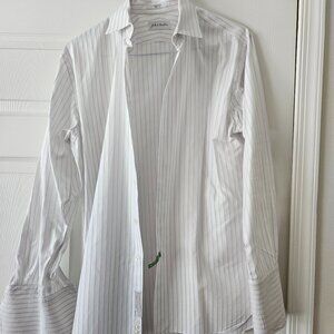 Nordstrom Men's Dress Shirt White with faint gray purple stripes size 15.5 32/33